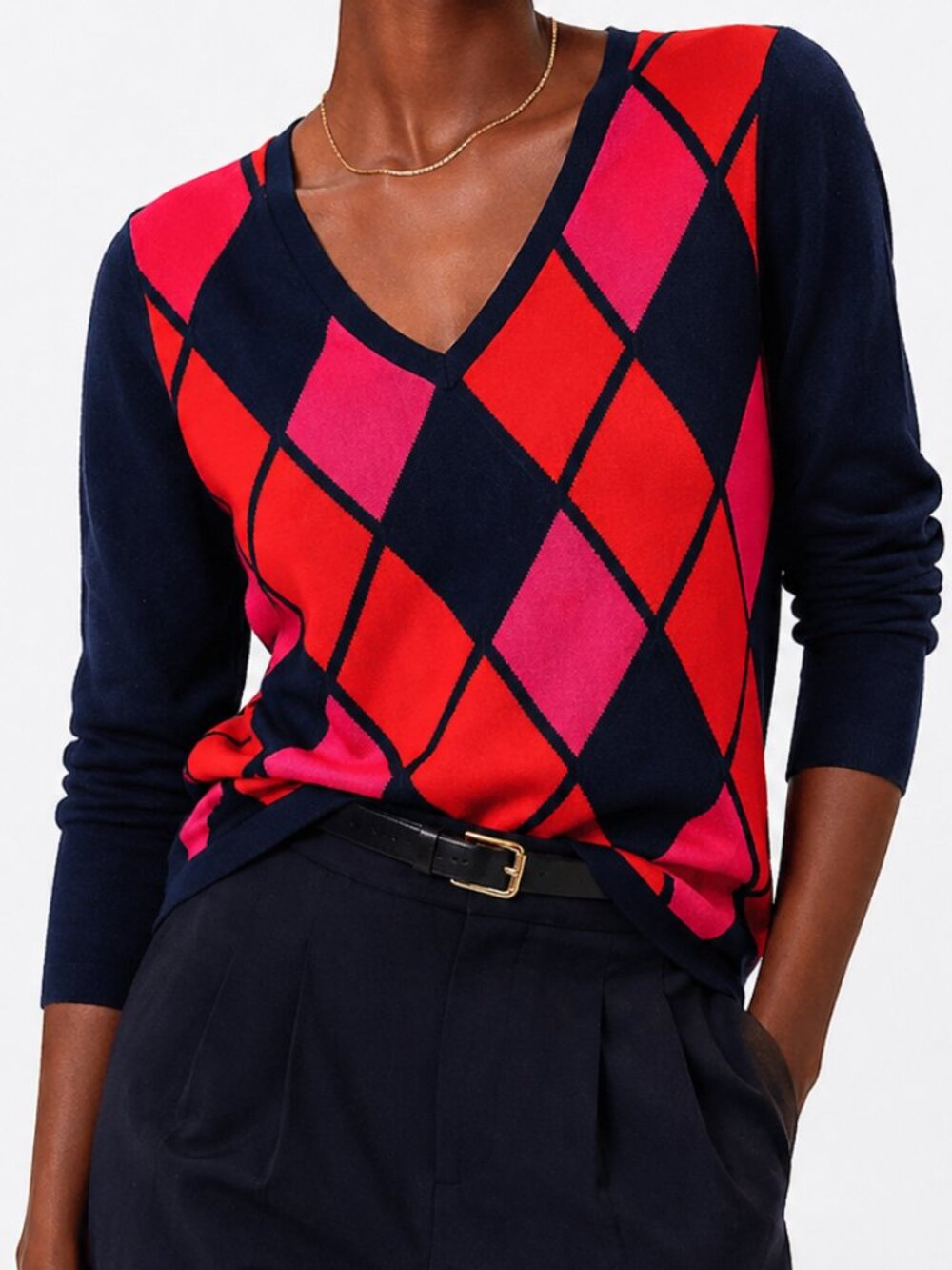 TOMMY HILFIGER 100% Cotton Navy Blue Argyle Preppy V Neck Sweater Large
